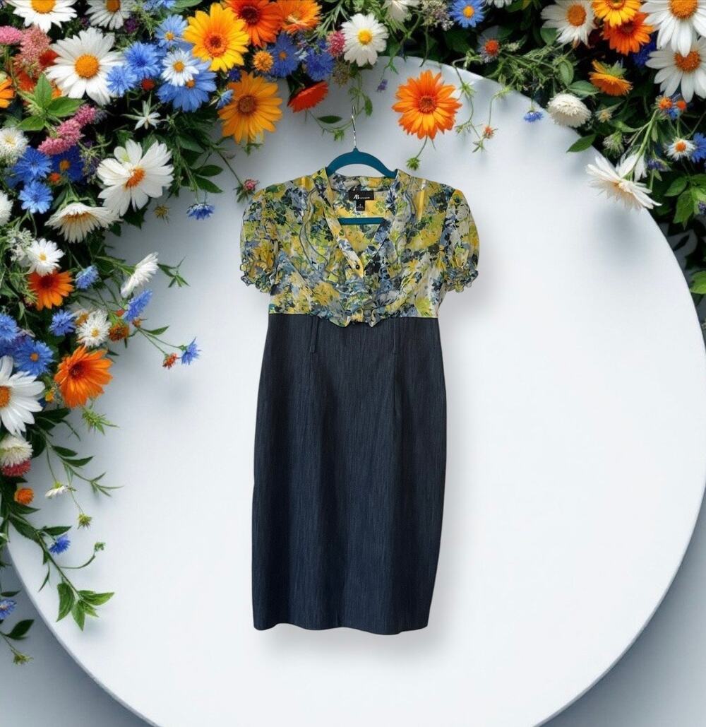 AB Studio Dress Denim Floral Short Sleeve V-Neck Button Size 6